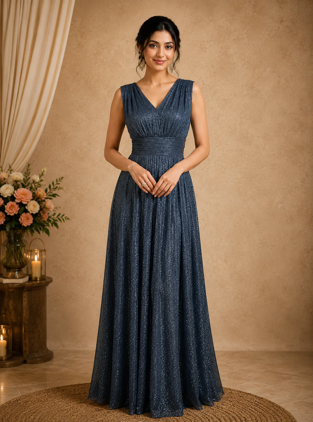 Steel Blue Solid Design Shimmer Pleated Party Wear Gown